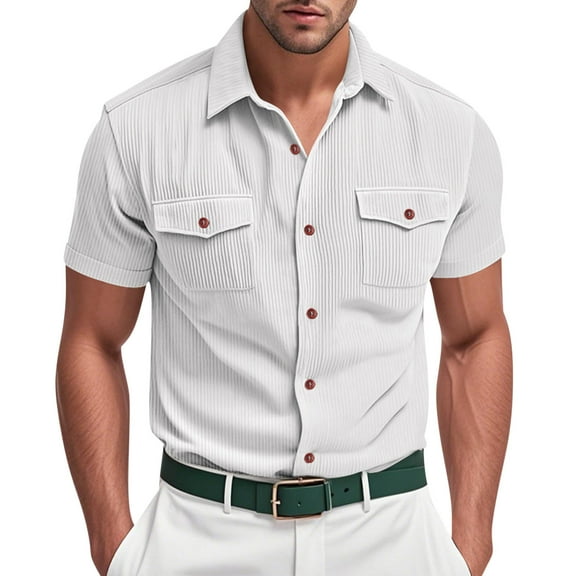 Fnooota Men's Button Down Shirts, 2025 Summer Colored Solid Color Short Sleeve Shirts White Size S