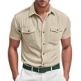 thumbnail image 1 of Fnooota Men's Button Down Shirts, 2025 Summer Solid Color Colored Short Sleeve Shirts Khaki Size 3XL, 1 of 8