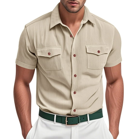 Fnooota Men's Button Down Shirts, 2025 Summer Solid Color Colored Short Sleeve Shirts Khaki Size 3XL