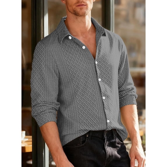BXJX Men's Button Down Shirts- Lightweight Lapel Shirt Fall Knitted Jacquard Textured Loose Solid Color Tops Gray Size XL