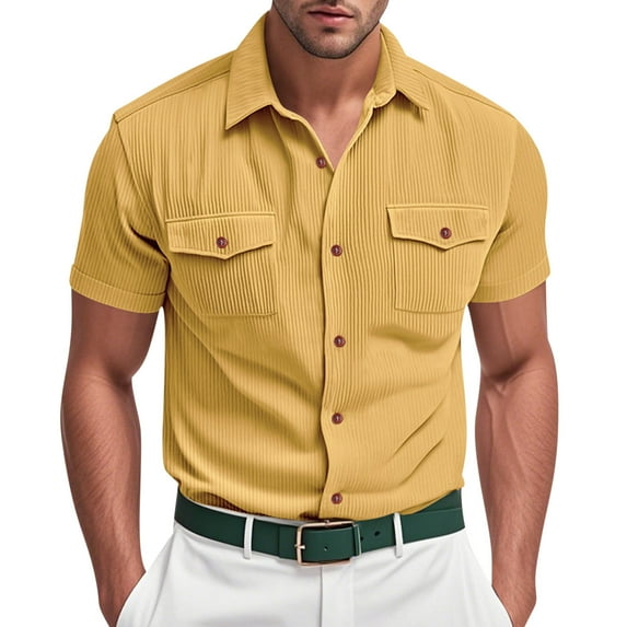 Fnooota Men's Button Down Shirts, Solid Color Colored 2025 Summer Short Sleeve Shirts Yellow Size L