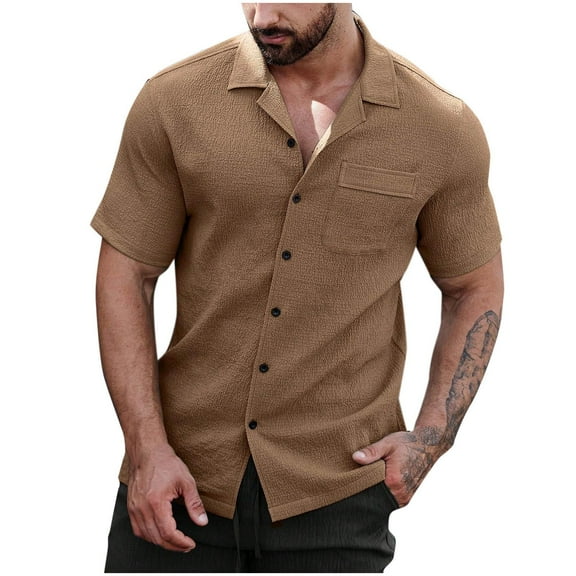 Fnooota Men's Casual Button Up Shirts, Colored Relaxed Fit Vacation Short Sleeve Summer Shirts Coffee Size L