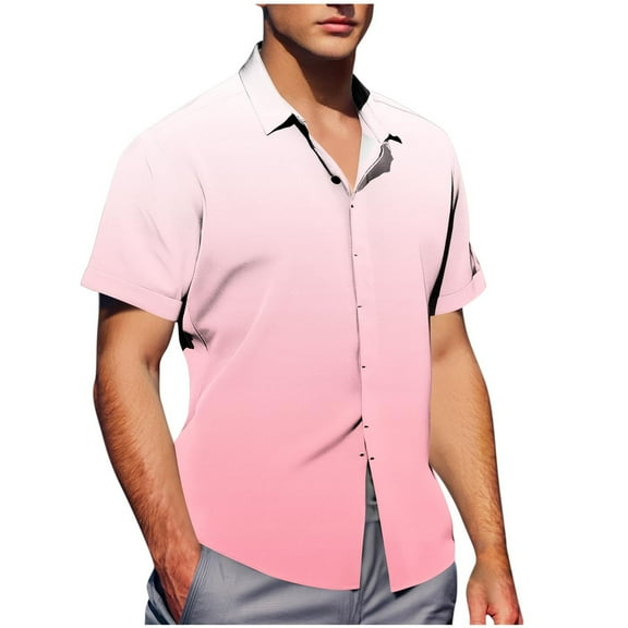 Fnooota Men's Colored Short Sleeve Shirts, Gradient Print Relaxed Fit Casual Summer Button Down Shirts Hot Pink Size L