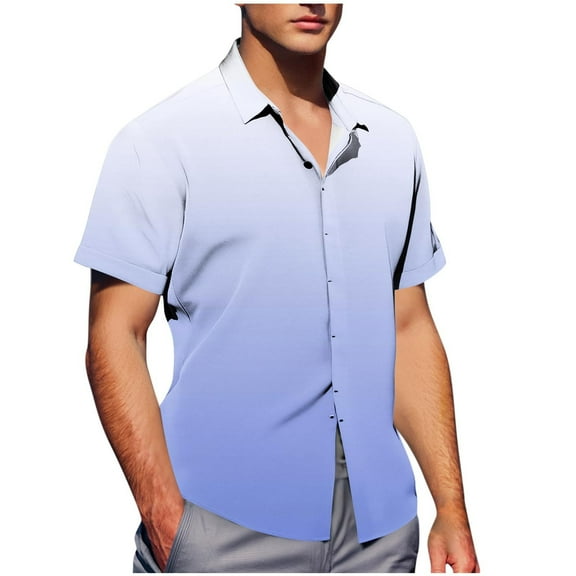 Fnooota Men's Colored Short Sleeve Shirts, Relaxed Fit Gradient Print Casual Summer Button Down Shirts Sky Blue Size M