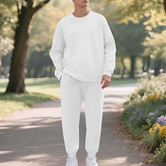 BXJX Men's Fleece-Lined Sweatsuit- Casual Crewneck Pullover Fall Crewneck Sweatshirts and Elastic Waist Sweatpants with Pockets White Size M