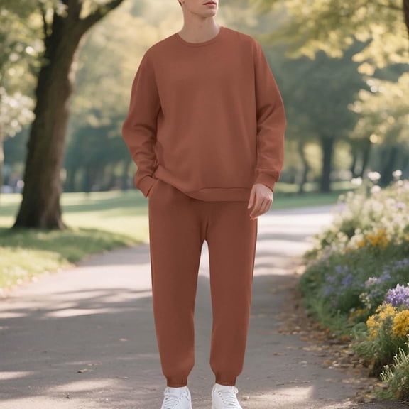 BXJX Men's Fleece-Lined Sweatsuit- Casual Fall Crewneck Pullover Crewneck Sweatshirts and Elastic Waist Sweatpants with Pockets Brown Size XL