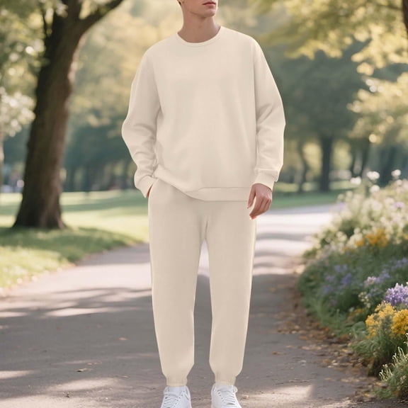 BXJX Men's Fleece-Lined Sweatsuit- Fall Pullover Casual Crewneck Crewneck Sweatshirts and Elastic Waist Sweatpants with Pockets Beige Size L