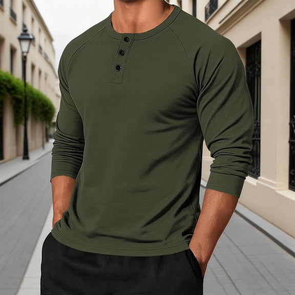 BXJX Men's Henley Neck Shirt- Casual Wear Soft Fall Spring Slim Fit Top with Raglan Sleeve Army Green Size 2XL