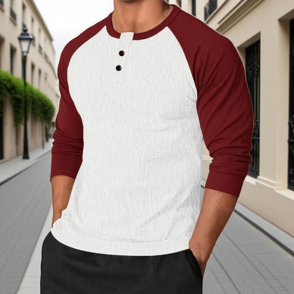 BXJX Men's Henley Neck Shirt- Casual Wear Soft Slim Fit Fall Spring Top with Raglan Sleeve Wine Size XL