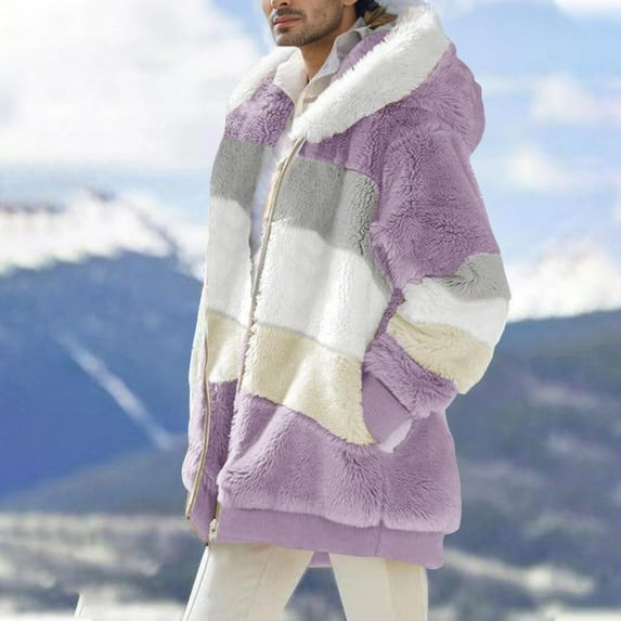 BXJX Men's Hooded Jacket- Casual Drawstring Patchwork Fleece Coat with Pockets Purple Size L