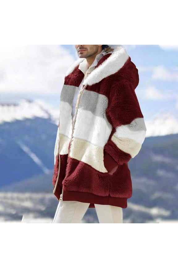 Men's Hooded Jacket- Casual Patchwork Drawstring Fleece Coat with Pockets Wine Size XL