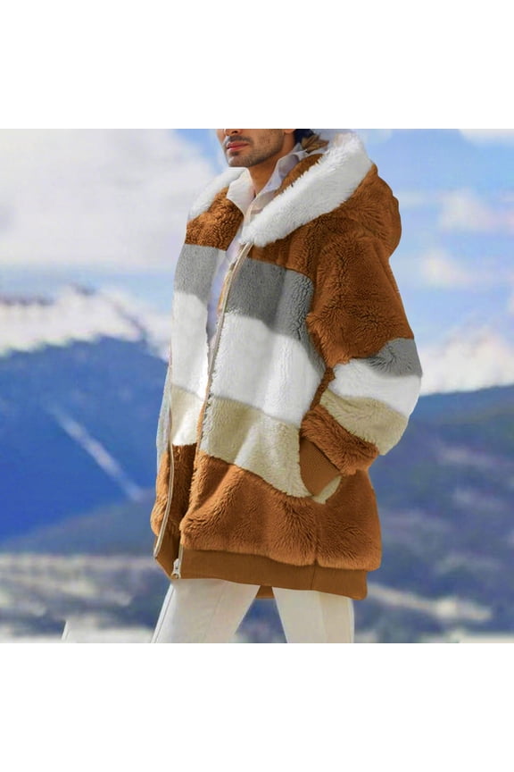 Men's Hooded Jacket- Drawstring Casual Fleece Patchwork Coat with Pockets Brown Size XL
