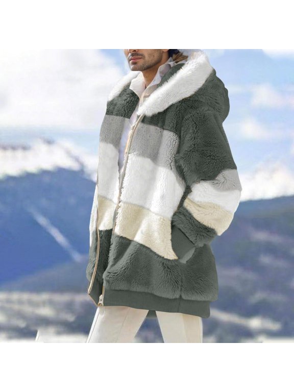 Men's Hooded Jacket- Drawstring Fleece Patchwork Casual Coat with Pockets Army Green Size 2XL