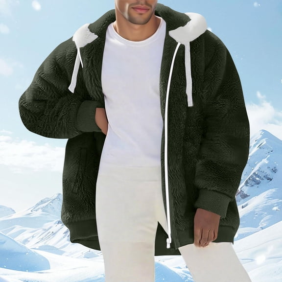 BXJX Men's Hooded Jacket- Drawstring Winter Fleece Casual Coat with Pockets Army Green Size 2XL