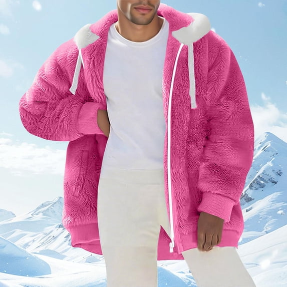 BXJX Men's Hooded Jacket- Drawstring Winter Fleece Casual Coat with Pockets Hot Pink Size M