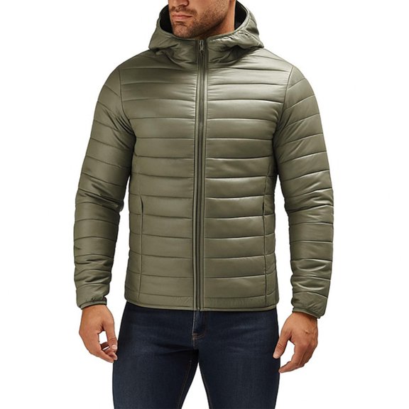 BXJX Men's Hooded Puffer Jacket- Lightweight Stand Up Collar Quilted Winter Zip-Front Coat with Pockets Army Green Size XXS