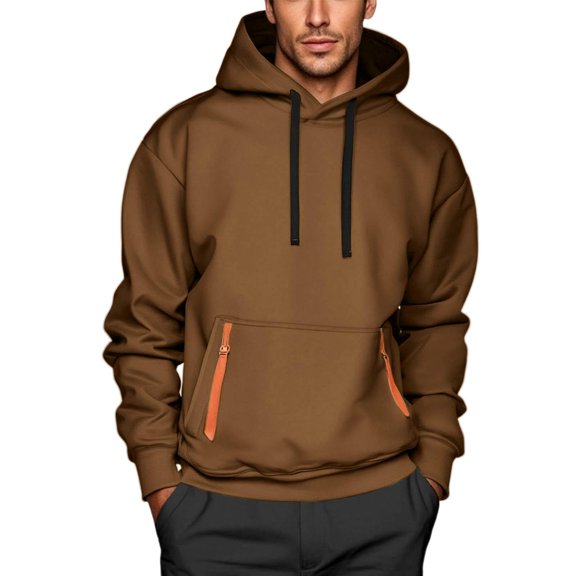 BXJX Men's Hoodie- Drawstring Casual Arm Pocket Fall Sweatshirt with Multi Pockets Brown Size L