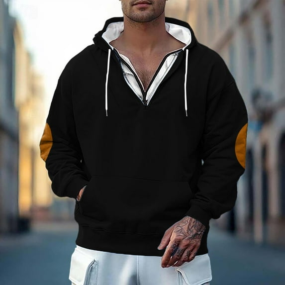 BXJX Men's Hoodie- Drawstring Casual Half Zipper Arm Pocket Sweatshirt with Multi Pockets Black Size L