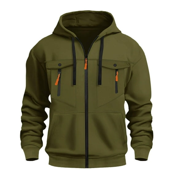 BXJX Men's Hoodie- Full Zip Arm Pocket Casual Drawstring Sweatshirt with Multi Pockets Army Green Size XL