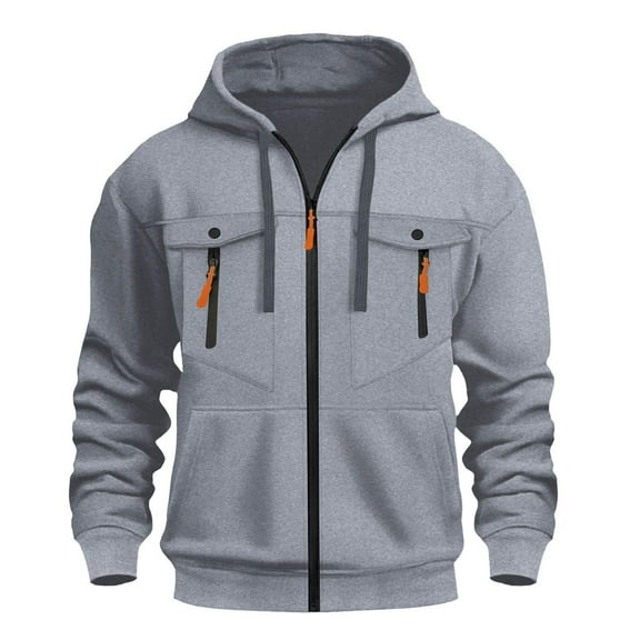 BXJX Men's Hoodie- Full Zip Casual Arm Pocket Drawstring Sweatshirt with Multi Pockets Gray Size 2XL