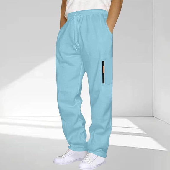 BXJX Men's Joggers with Zippered Thigh Pocket- Elastic Drawstring Waist Casual Winter Fashion Sweatpants with Multiple Pockets Light Blue Size 2XL