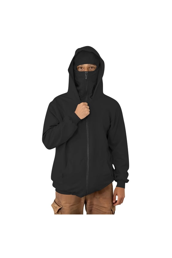 Men's Mask Hooded Sweatshirt- Gym Workout Pocket Casual Windproof Thermal Hoodie Jacket with Built-in Face Cover Mask Black Size S