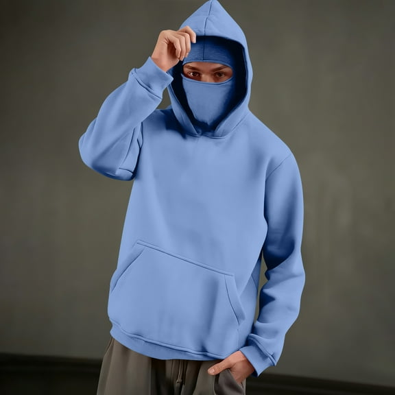 BXJX Men's Balaclava Hoodie Sweatshirt- Pocket Gym Workout Casual Windproof Thermal Full Face Cover Outwear Blue Size XL