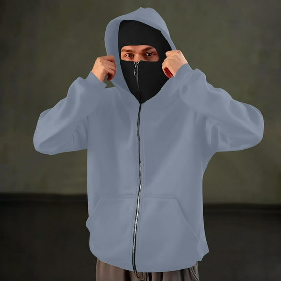 BXJX Men's Balaclava Hoodie Sweatshirt- Gym Workout Pocket Windproof Thermal Casual Full Face Cover Outwear Gray Size XL