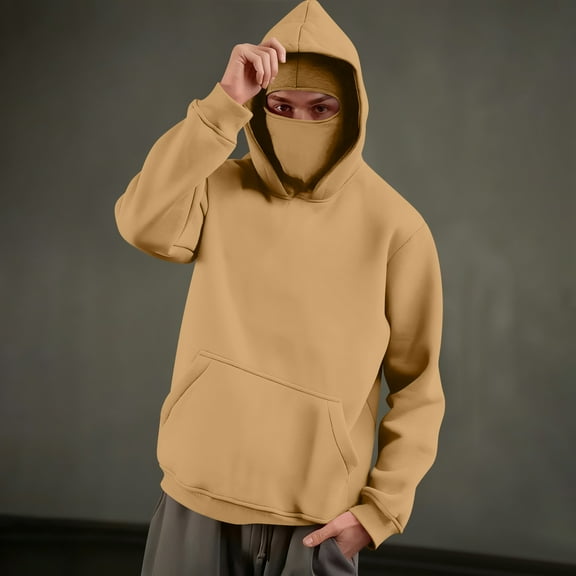 BXJX Men's Balaclava Hoodie Sweatshirt- Pocket Gym Workout Windproof Thermal Casual Full Face Cover Outwear Khaki Size XL