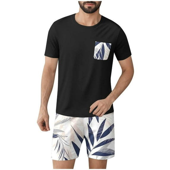 BXJX Men's Pajama Sets- 2-piece Short Sleeve Shirts and Shorts Crewneck Casual Summer Raglan Sleepwear Black Size 3XL