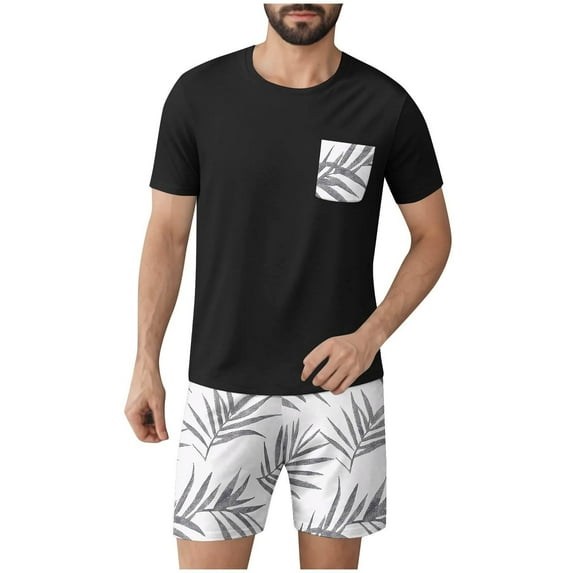 BXJX Men's Pajama Sets- Casual Short Sleeve Shirts and Shorts Crewneck 2-piece Summer Raglan Sleepwear Black Size M