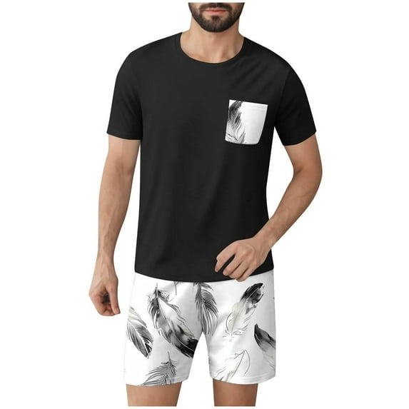 BXJX Men's Pajama Sets- Short Sleeve Shirts and Shorts 2-piece Casual Crewneck Summer Raglan Sleepwear Black Size 2XL