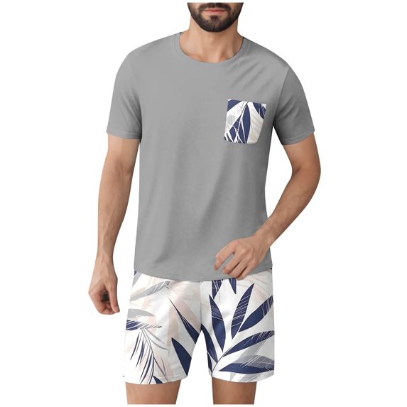 BXJX Men's Pajama Sets- Short Sleeve Shirts and Shorts 2-piece Casual Crewneck Summer Raglan Sleepwear Gray Size XL