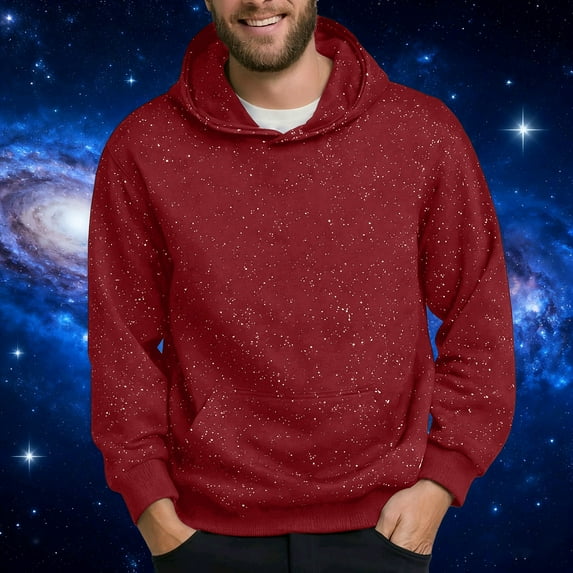 BXJX Men's Starry Sequin Hoodie with Pockets - Casual Fashion 2040 Tops Crewneck Fall Sparkling Pullover for Parties Red Size 3XL
