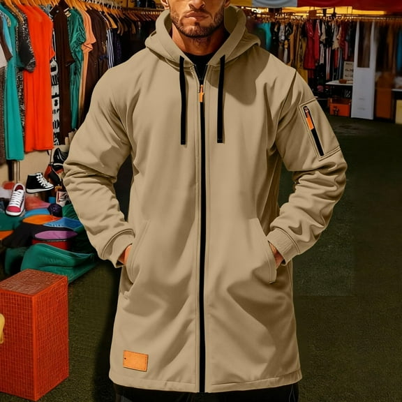 BXJX Men's Trench Coat- Casual Hooded Long Sleeve Fall Winter Zip-Up Long Outwear Khaki Size XL