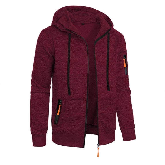 BXJX Men's Utility Zip Up Hoodie - Side Pockets Fall Winter Casual Elastic Cuff Stand Collar Cardigan Jacket Wine Size 2XL