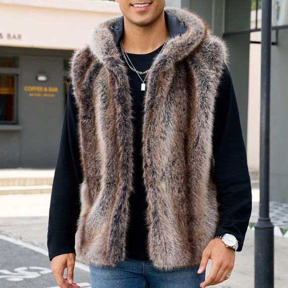 BXJX Men's Winter Warm Faux Fur Vest- Fashion Thick Outwear Waistcoat Outwear Casual Sleeveless Hoodie Coats Brown Size L