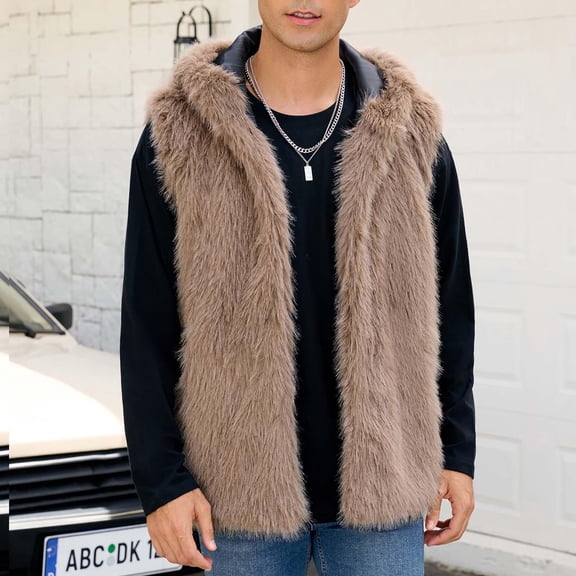 BXJX Men's Winter Warm Faux Fur Vest- Thick Outwear Casual Sleeveless Fashion Waistcoat Outwear Hoodie Coats Khaki Size S