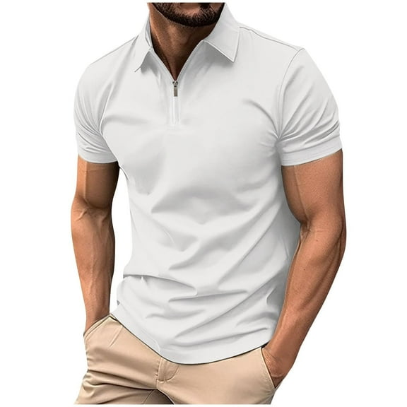 Fnooota Mens Collared Polo Shirts, Summer Zipper Casual Pullover Short Sleeve Shirts White Size 3XL