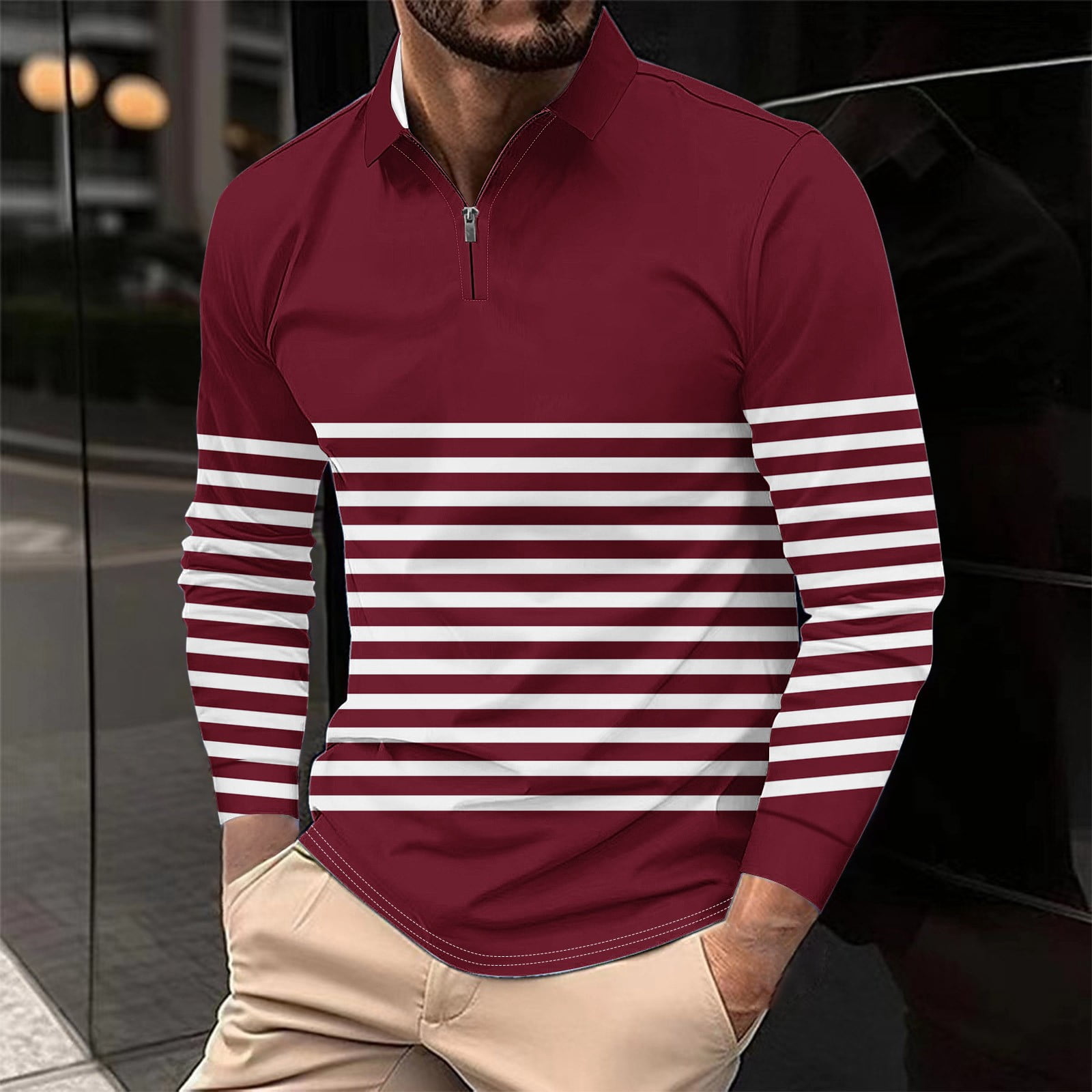BXJX Mens Half Zip Polo Shirt- Casual Long Sleeve Fashion Striped Print ...
