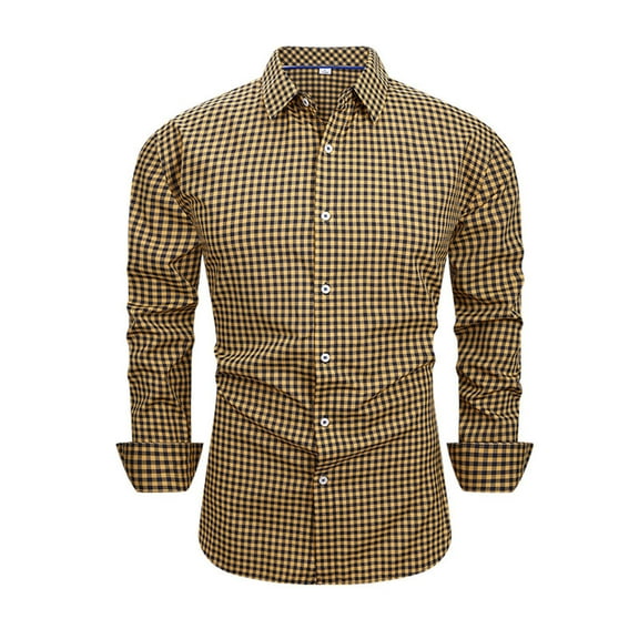 Fnooota Mens Plaid Shirts, Button Down Collar Colored Work Casual Long Sleeve Shirts Yellow Size 3XL