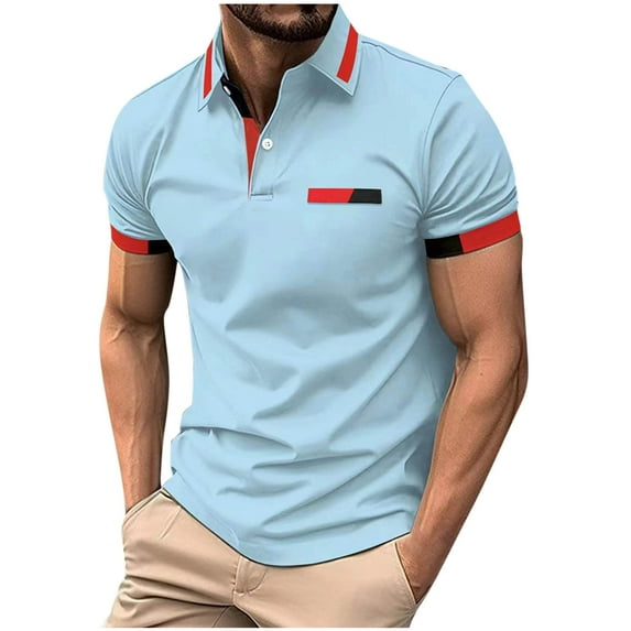 Fnooota Mens Polo Shirts 2025, Vacation Casual Collared Summer Short Sleeve Shirts Sky Blue Size XL