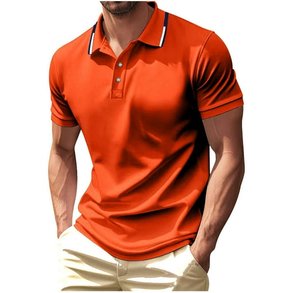 Fnooota Mens Polo Shirts Clearance, Casual Short Sleeve Collared Pullover Summer Shirts Orange Size L