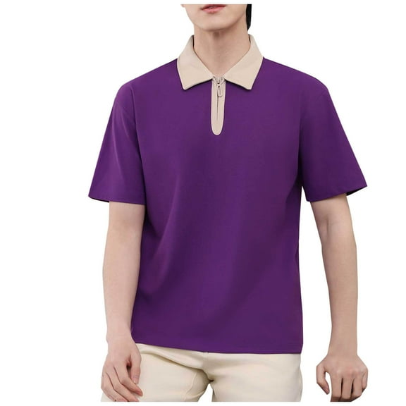 Fnooota Mens Polo Shirts Clearance, Casual Summer Collared Vacation Short Sleeve Shirts Purple Size 2XL