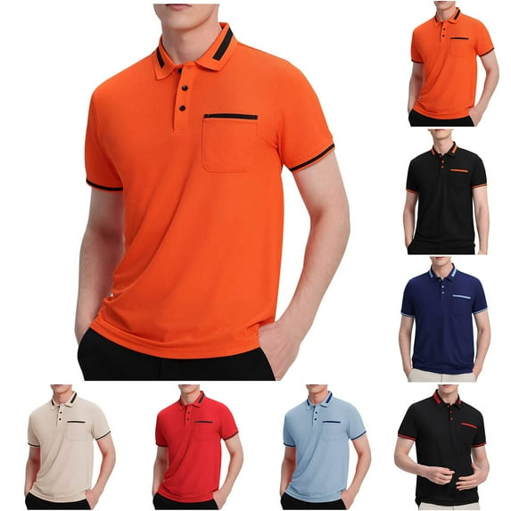 Fnooota Mens Polo Shirts Clearance, Casual Summer Collared Work Short Sleeve Shirts Orange Size 4XL