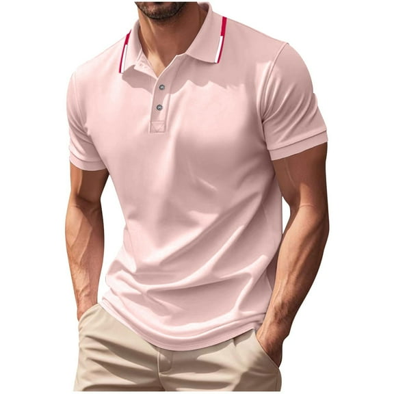 Fnooota Mens Polo Shirts Clearance, Short Sleeve Collared Pullover Casual Summer Shirts Pink Size L