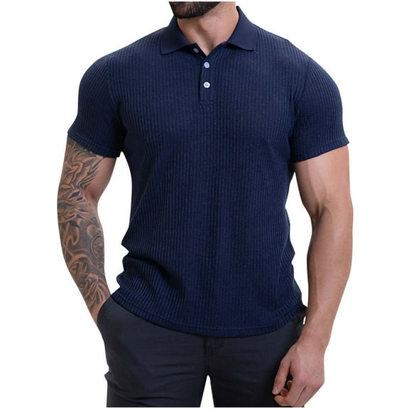Fnooota Mens Polo Shirts Short Sleeve, Casual Pullover Work Collared Summer Shirts Dark Blue Size L