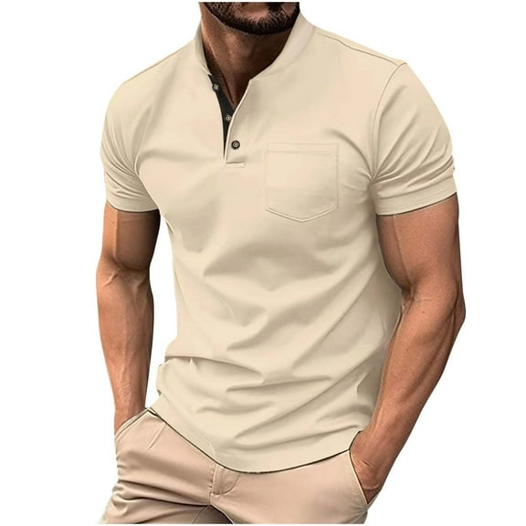 Fnooota Mens Polo Shirts Short Sleeve, Collared Buttons Pullover Casual Summer Shirts Khaki Size 3XL