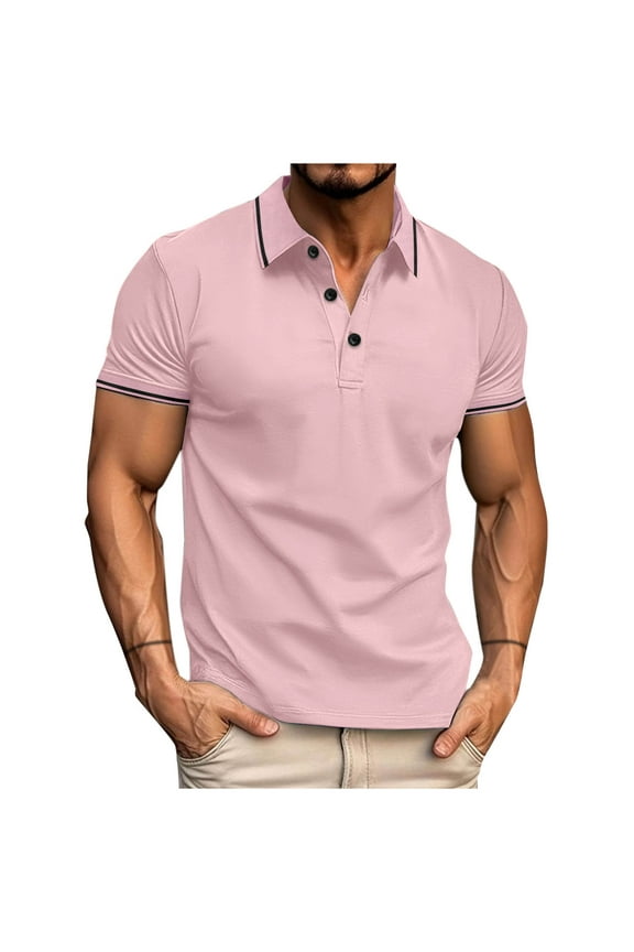 Mens Polo Shirts Short Sleeve, Collared Casual Buttons Fashion Summer Shirts Pink Size M