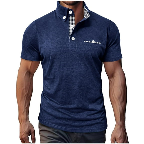Fnooota Mens Polo Shirts Short Sleeve, Vacation Buttons Collared Casual Summer Shirts Dark Blue Size 2XL